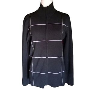 Foxcroft Zip Front Nylon Silk Blend Black White Grid Print Knit Jacket Medium